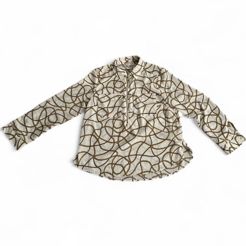 Michael Kors Gold Chain Print Zip Blouse White Long Sleeve Top, Size L - Picture 2 of 7